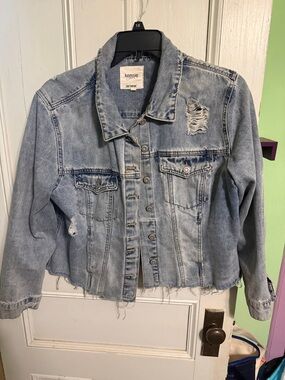 kensie Faded Light Blue Distressed Denim Jacket